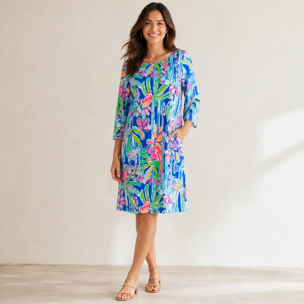 Lilly Pulitzer Marlowe Midi Dress Pop Up Jungle Hoppin Women's Size M Blue Pink